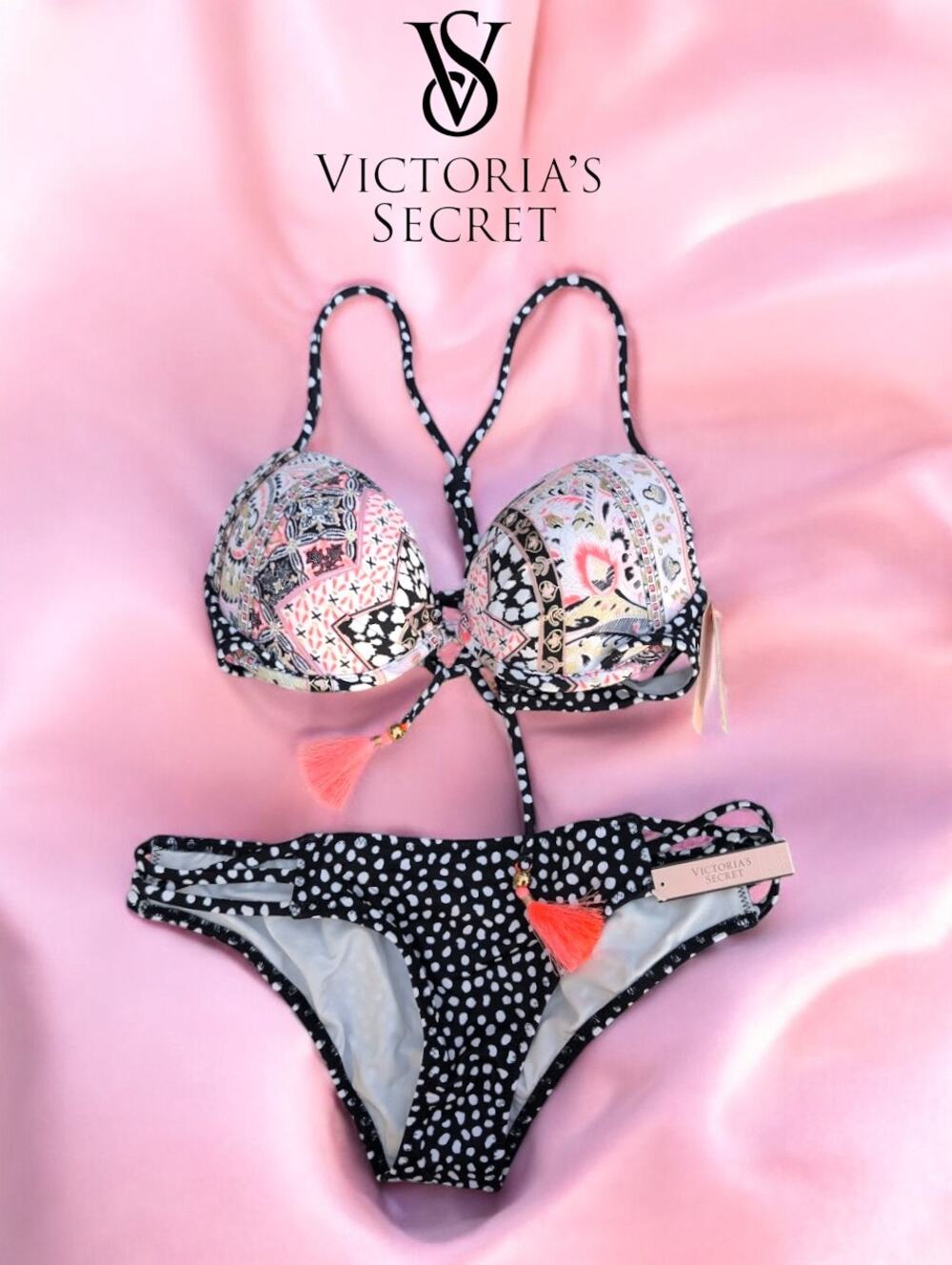 NWT, Y2K Victoria’s Secret Bikini Set - 34A Top & S Bottom Tassel Mixed Print